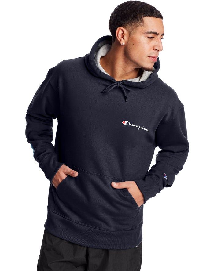 Champion Mens Hoodie NZ - Powerblend Fleece Script Logo Navy ( 9502-FQYGL )